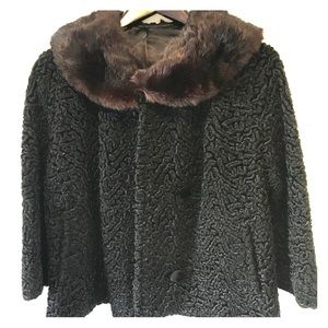Black Wool Vintage Jacket with Mink Trim